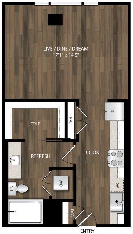 Floor plan for studio, 1 bath, 593 sqft